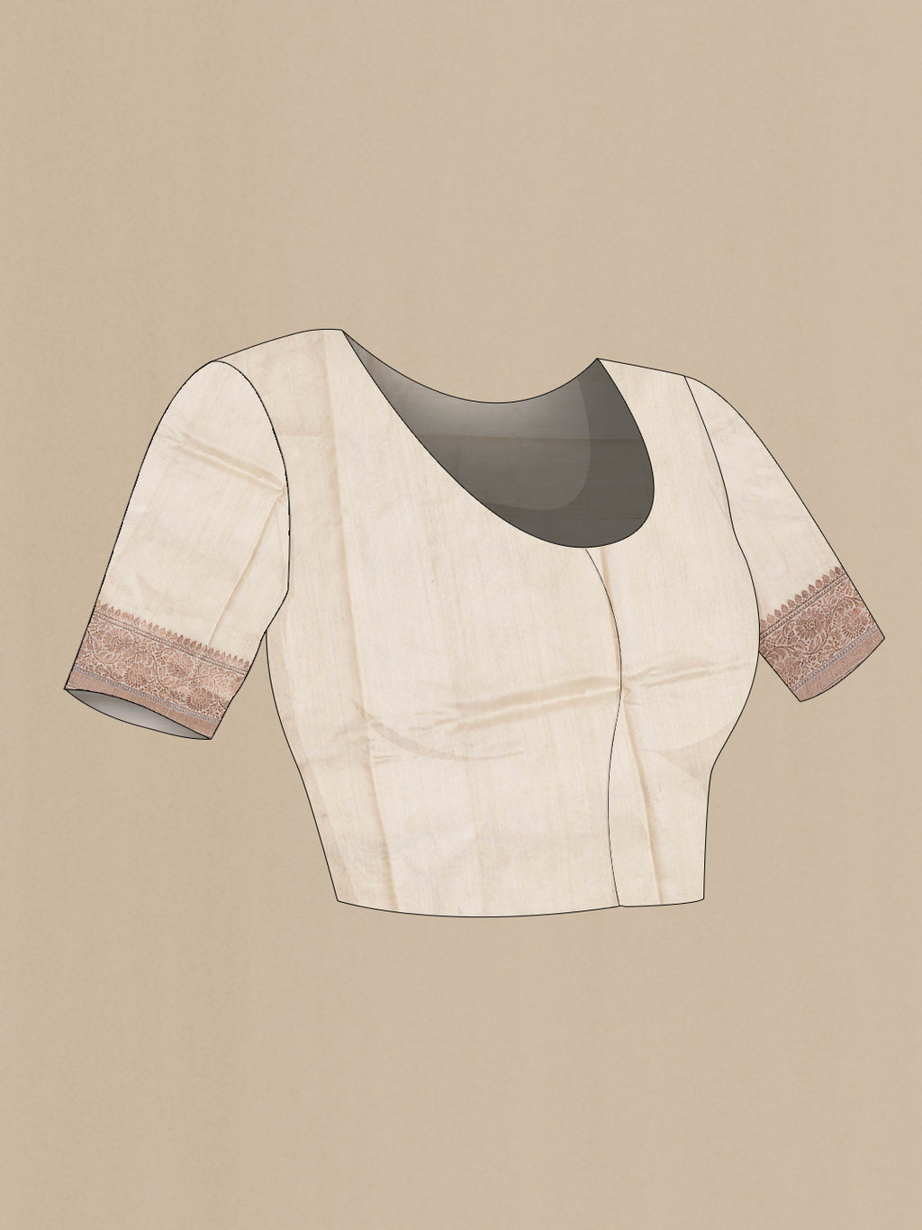 Close up image of the blouse of Beige Dual Tone Tussar Silk Saree with Embroidery on the body and Zari Border. 