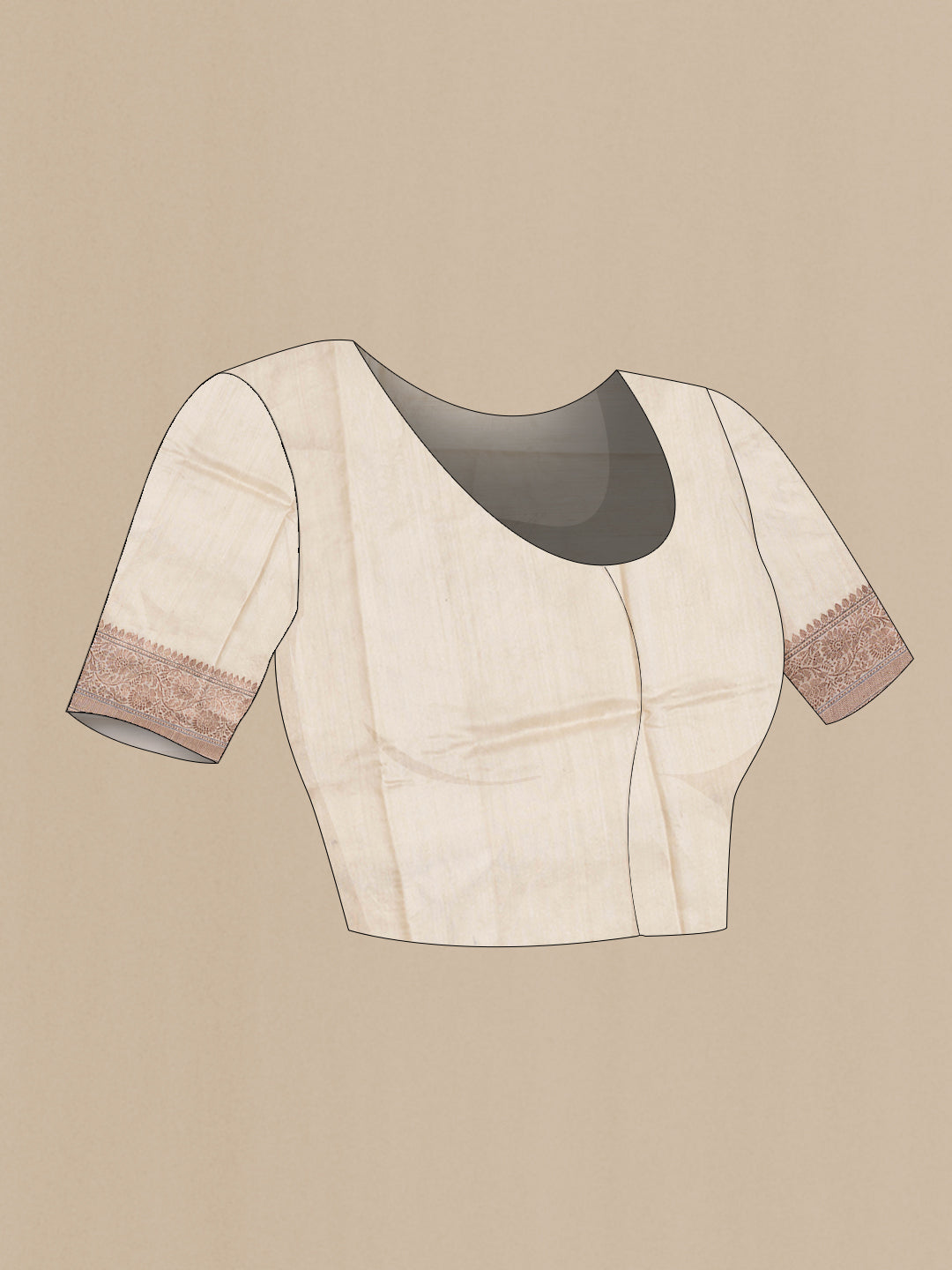 Close up image of the blouse of Beige Dual Tone Tussar Silk Saree with Embroidery on the body and Zari Border. 