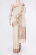 Beige Dual Tone Tussar Silk Saree with Embroidery on the body and Zari Border.  displayed on a mannequin