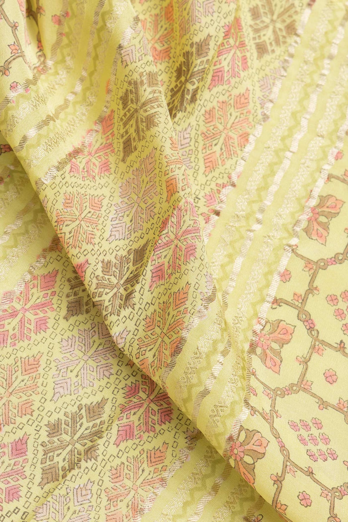 Close up of Lemon Yellow Dual Tone Mysore Crepe Saree with Printed design on the body and Zari Border.  displaying folds