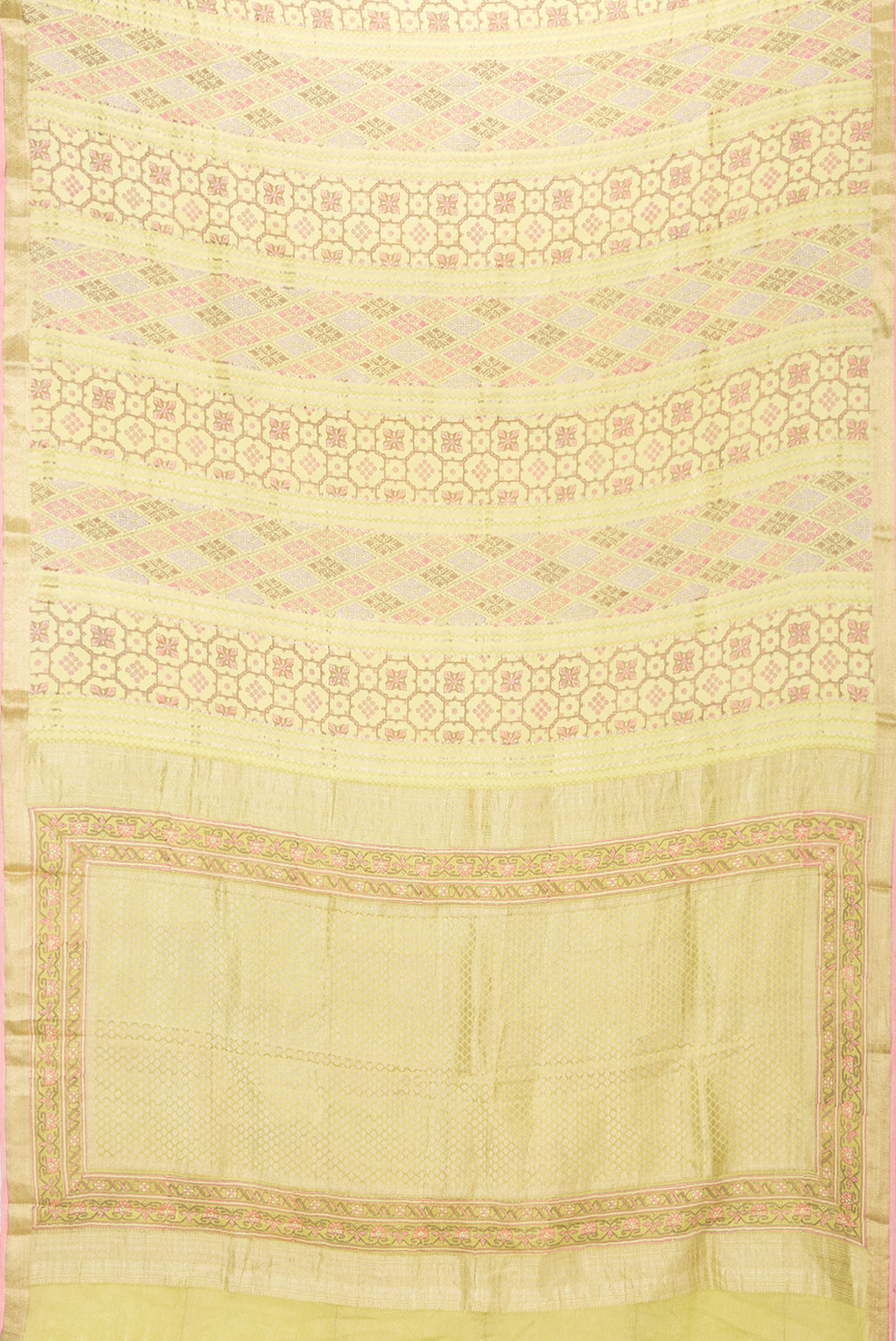 Flat view of Lemon Yellow Dual Tone Mysore Crepe Saree with Printed design on the body and Zari Border. 