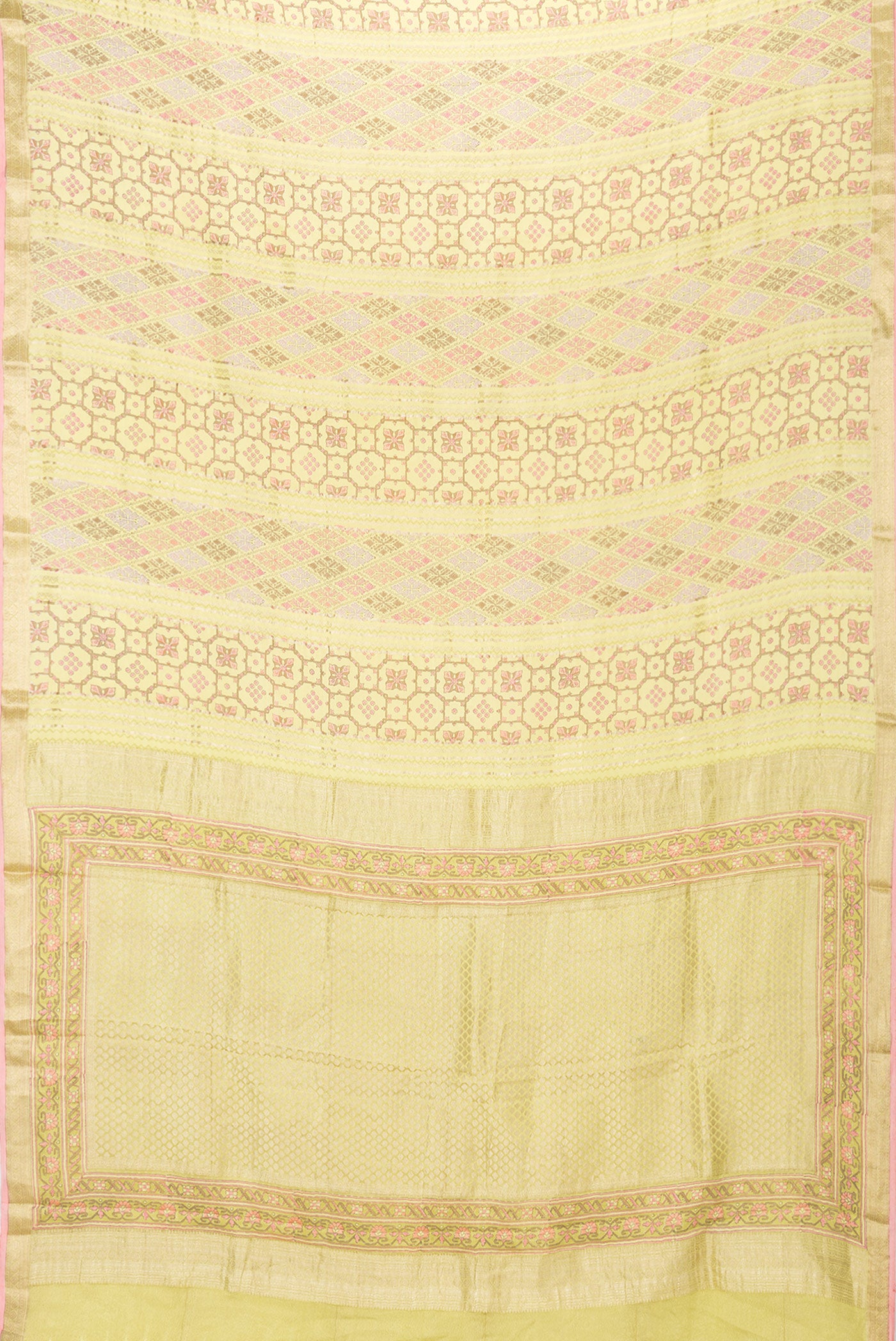 Flat view of Lemon Yellow Dual Tone Mysore Crepe Saree with Printed design on the body and Zari Border. 