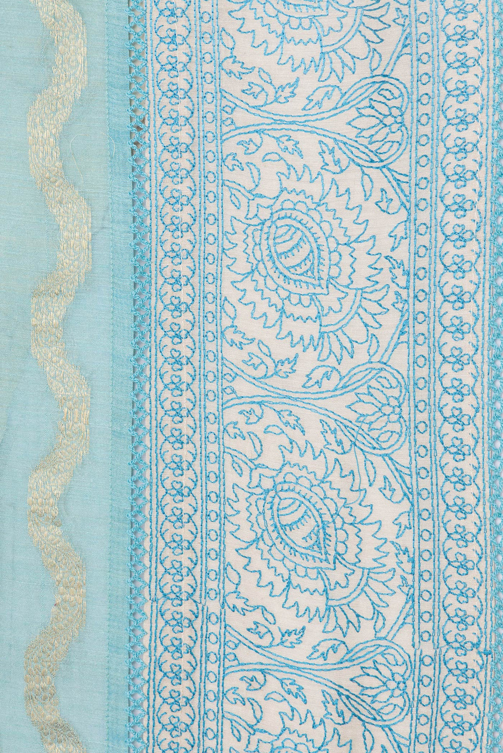 Border image of Sky Blue Dual Tone Tussar Silk Saree with Stripes on the body and Embroidery Border. 