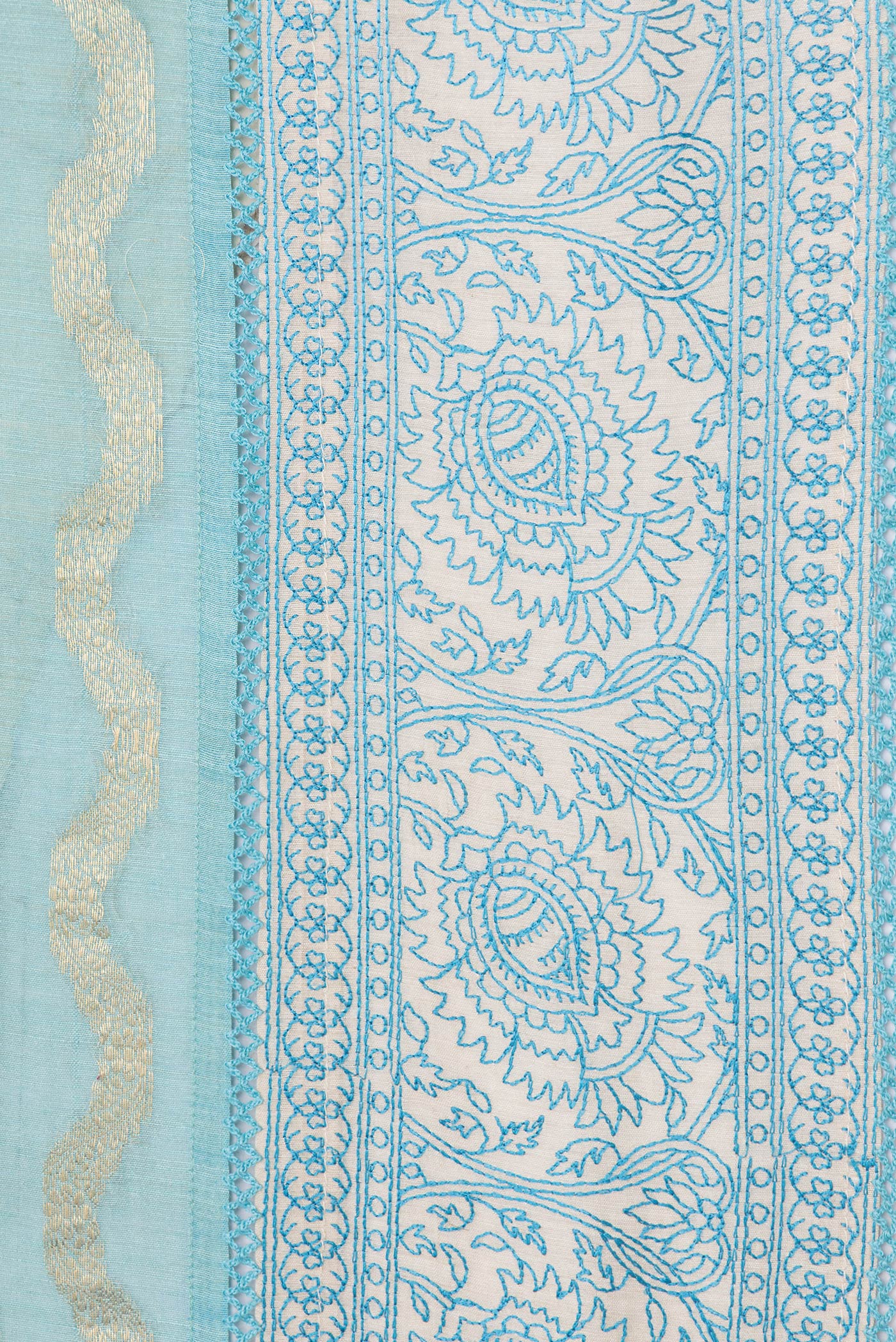 Border image of Sky Blue Dual Tone Tussar Silk Saree with Stripes on the body and Embroidery Border. 