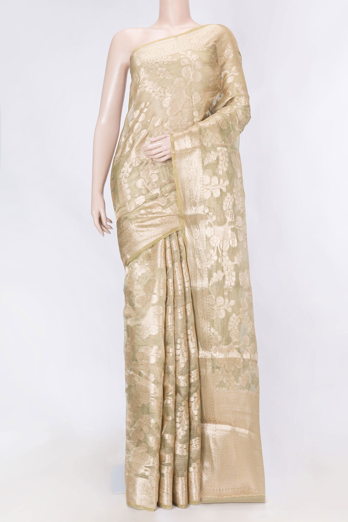 Mehandi Green Dual Tone Organza Silk Saree with Zari Brocade on the body and Zari Border displayed on a mannequin
