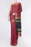 Maroon Dual Tone Tussar Saree with Stripes on the body and Embroidery Border displayed on a mannequin