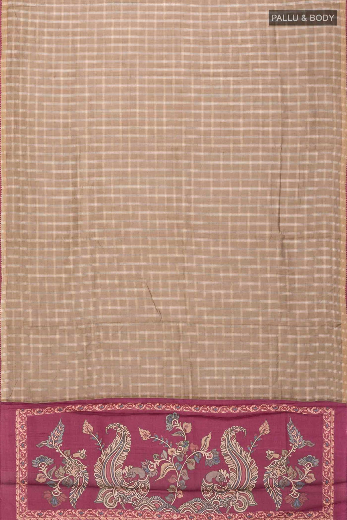 Flat view of Beige Tussar Silk Saree with Checked design on the body and Zari Border
