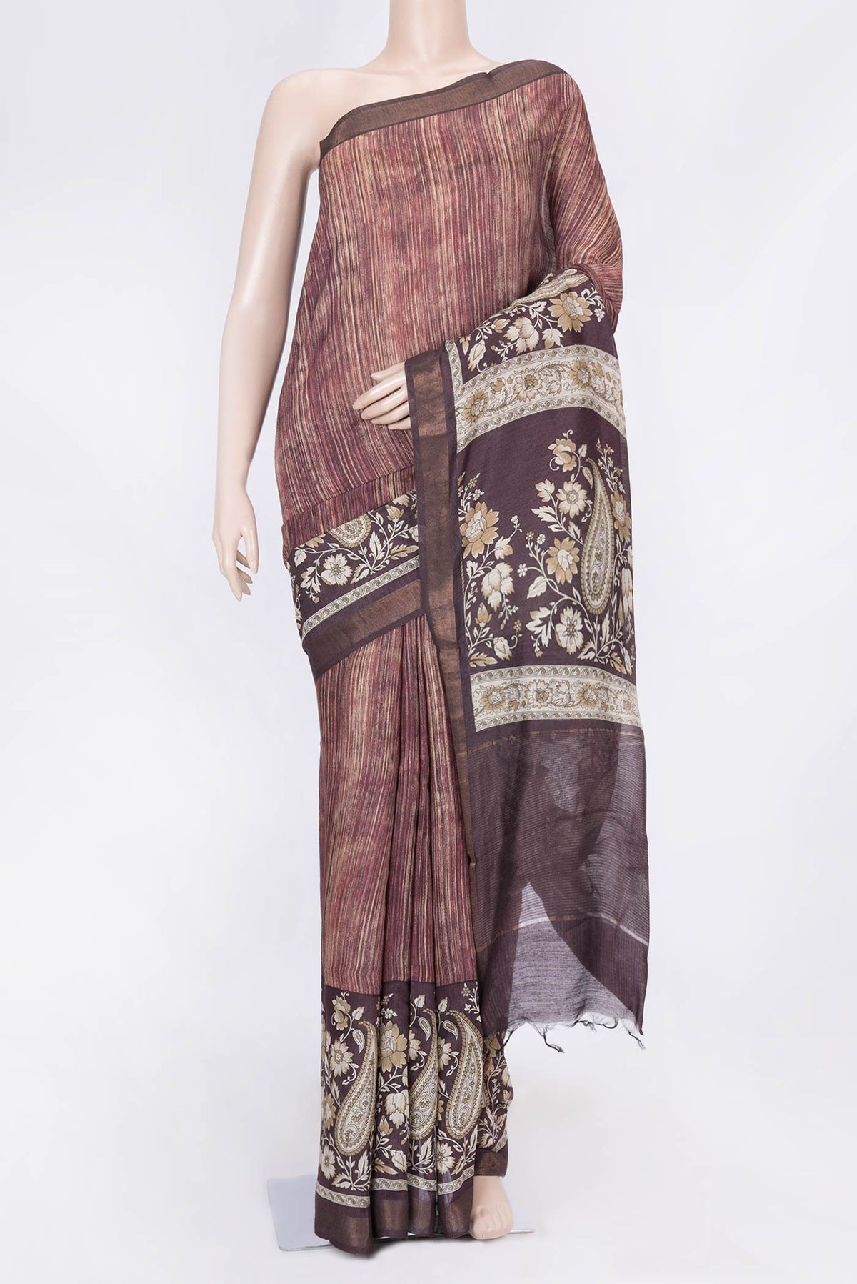 Maroon Dual Tone Tussar Saree with Printed design on the body and Printed Border displayed on a mannequin