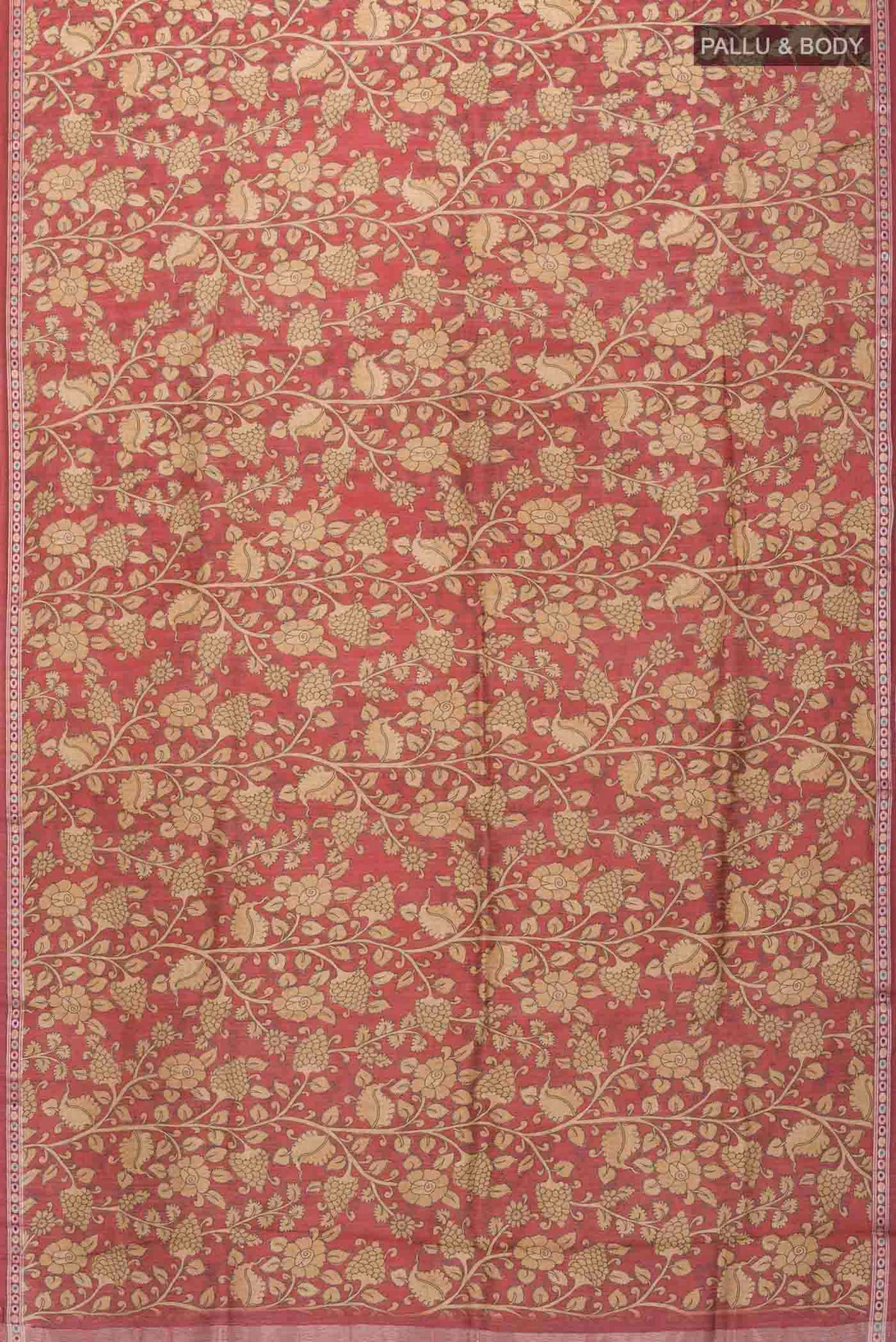 Flat view of Maroon Bhagalpuri Tussar Silk Saree with Printed design on the body and Zari Border