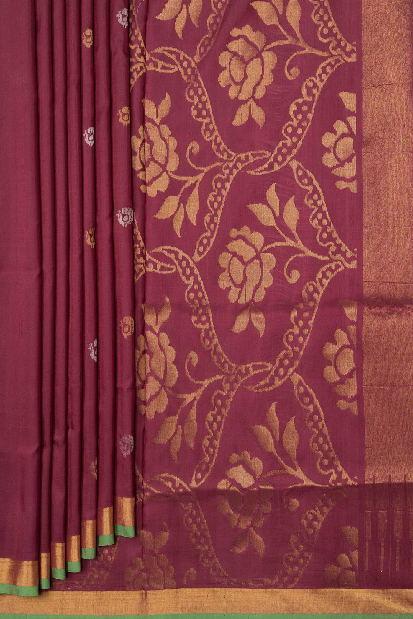 Pleats and pallu of Maroon Dual Tone Uppada Silk Saree with Zari And Thread Butta on the body and Zari Border