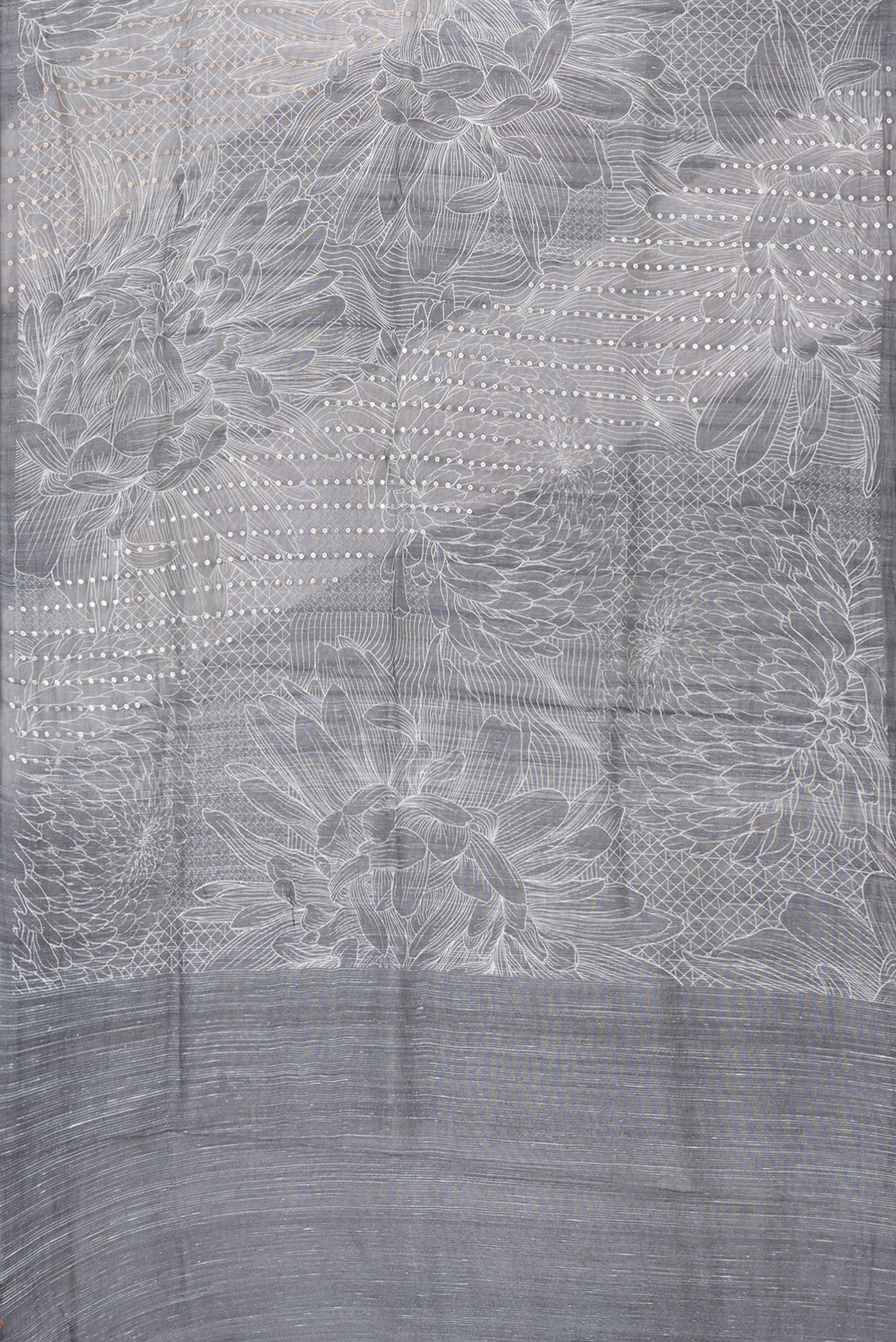 Flat view of Black Dual Tone Tussar Silk Saree with Printed design on the body and Without Border. 