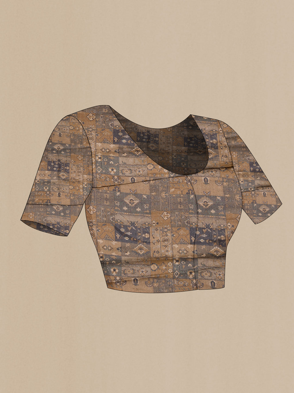 Close up image of the blouse of Black Tussar Silk Saree with Checked design on the body and Embroidery Border