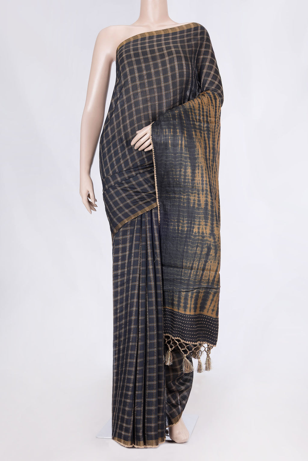 Black Tussar Silk Saree with Checked design on the body and Embroidery Border displayed on a mannequin