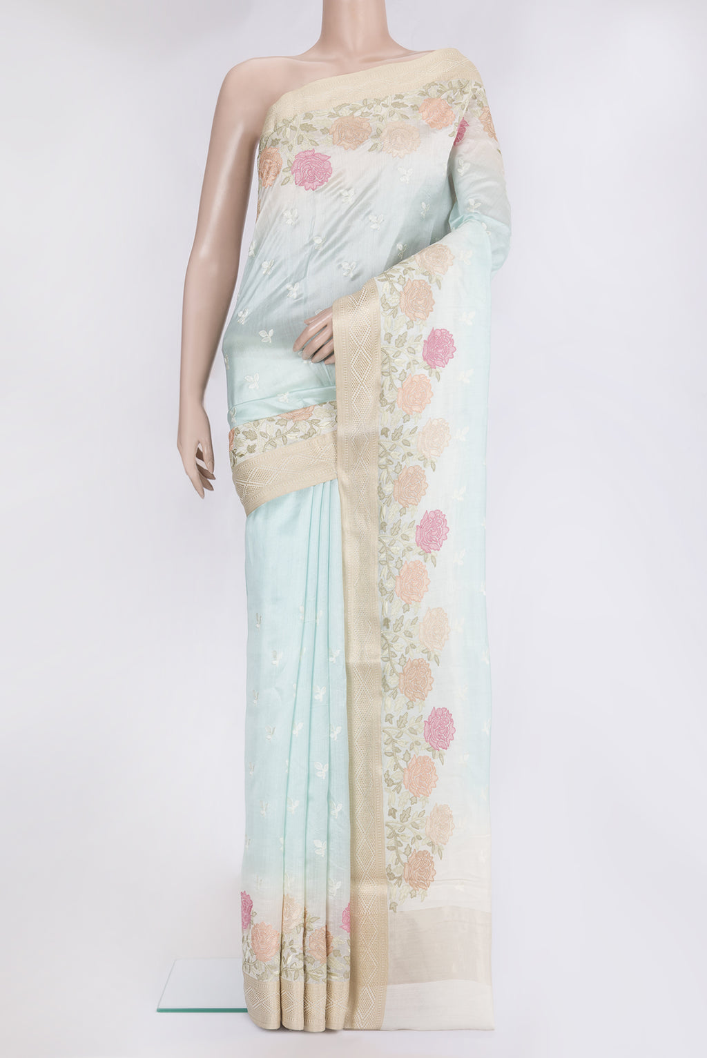 Light Blue Chanderi Silk Saree with Embroidery on the body and Embroidery Border.  displayed on a mannequin