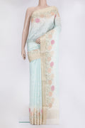 Light Blue Chanderi Silk Saree with Embroidery on the body and Embroidery Border.  displayed on a mannequin