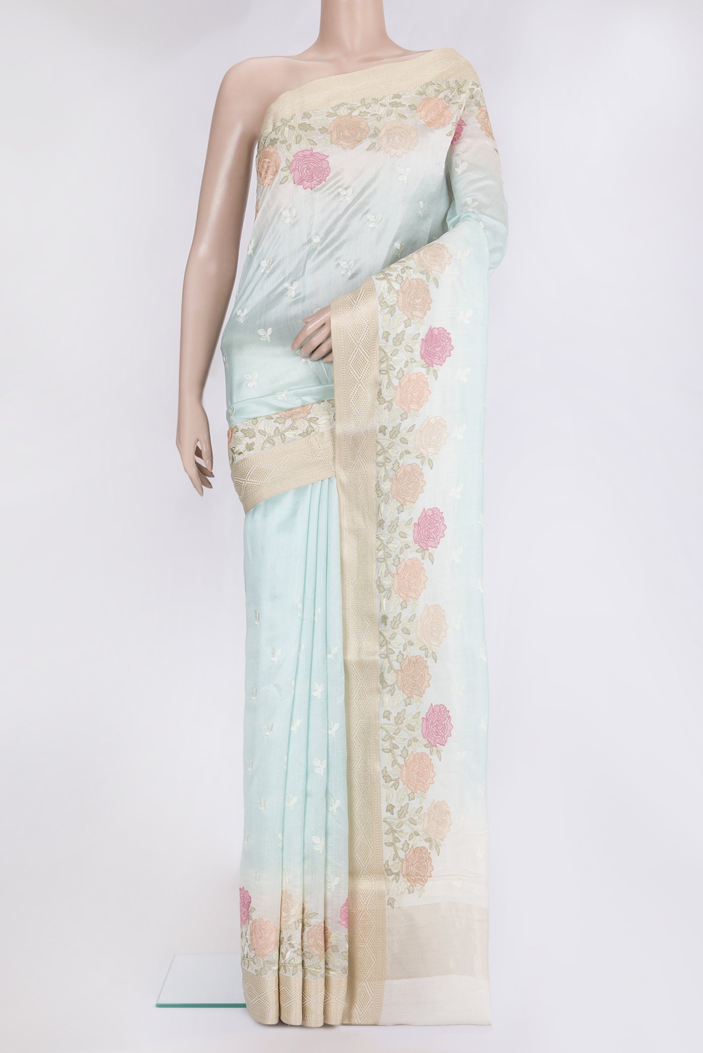 Light Blue Chanderi Silk Saree with Embroidery on the body and Embroidery Border.  displayed on a mannequin