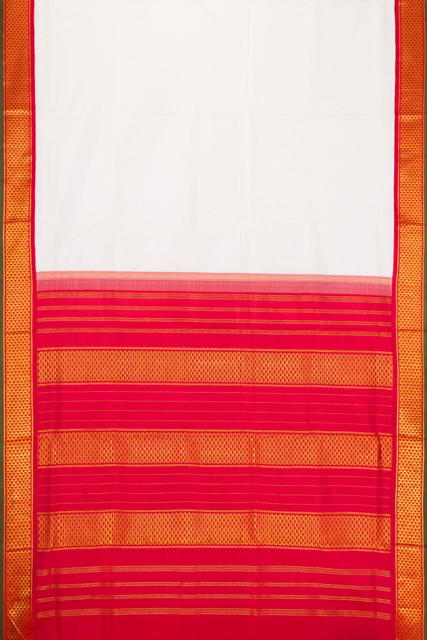 Flat view of White Kanjivaram Silk Nine Yards Saree with Plain Body and Zari Border. 