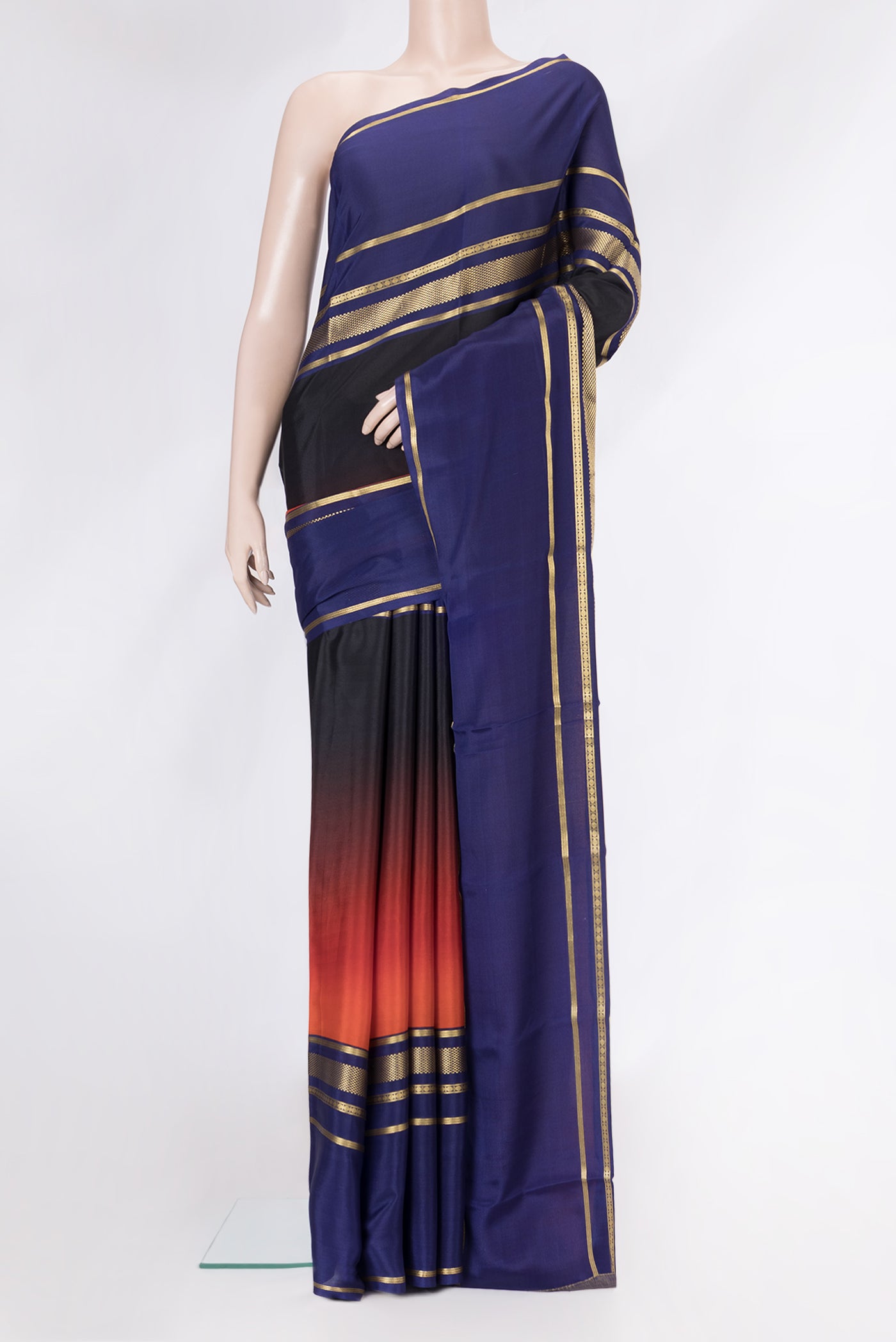 Multi Color Mysore Silk Saree with Plain Body and Zari Border.  displayed on a mannequin