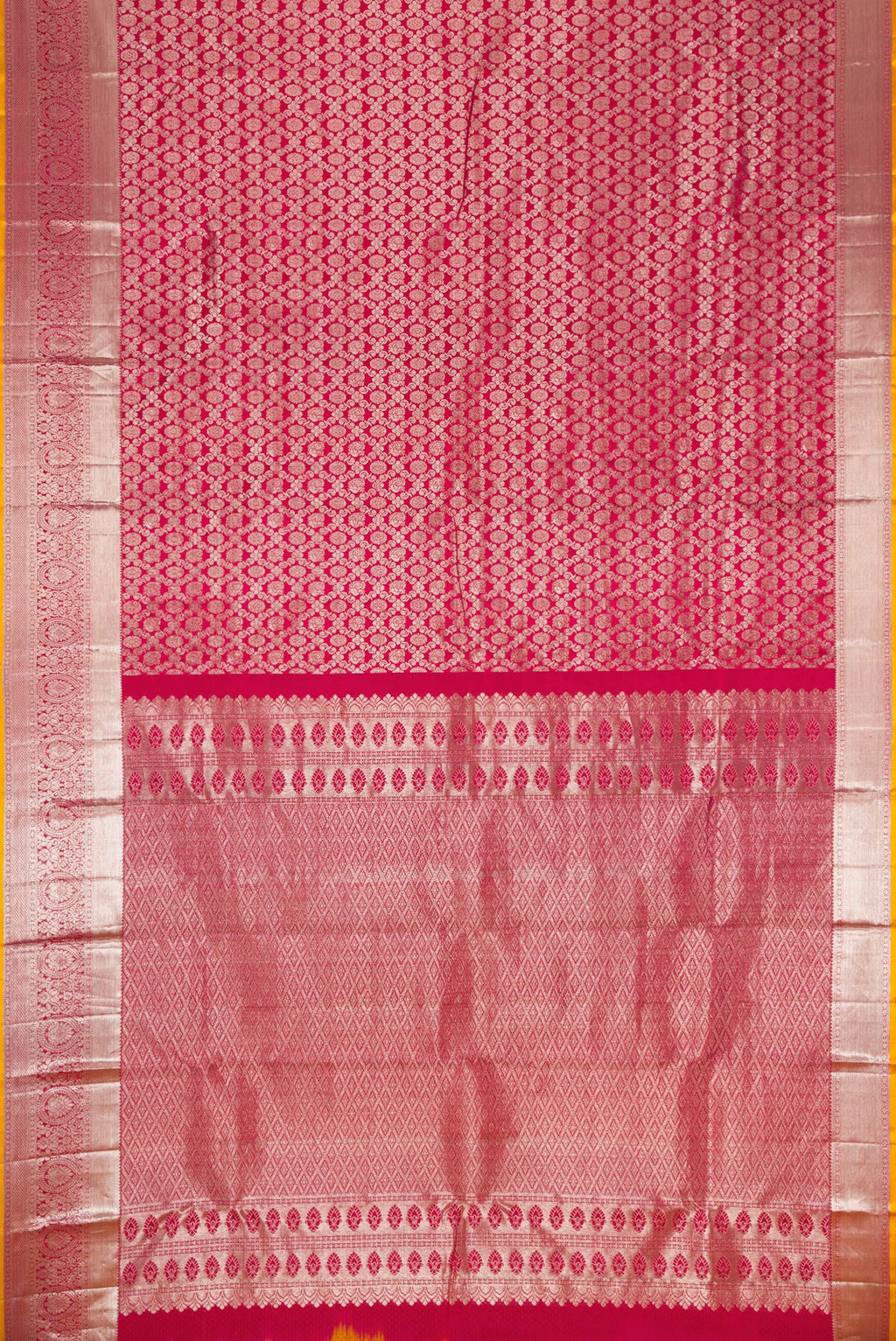 Flat view of Pink Dual Tone Kanjivaram Silk Saree with Zari Brocade on the body and Zari Border. 