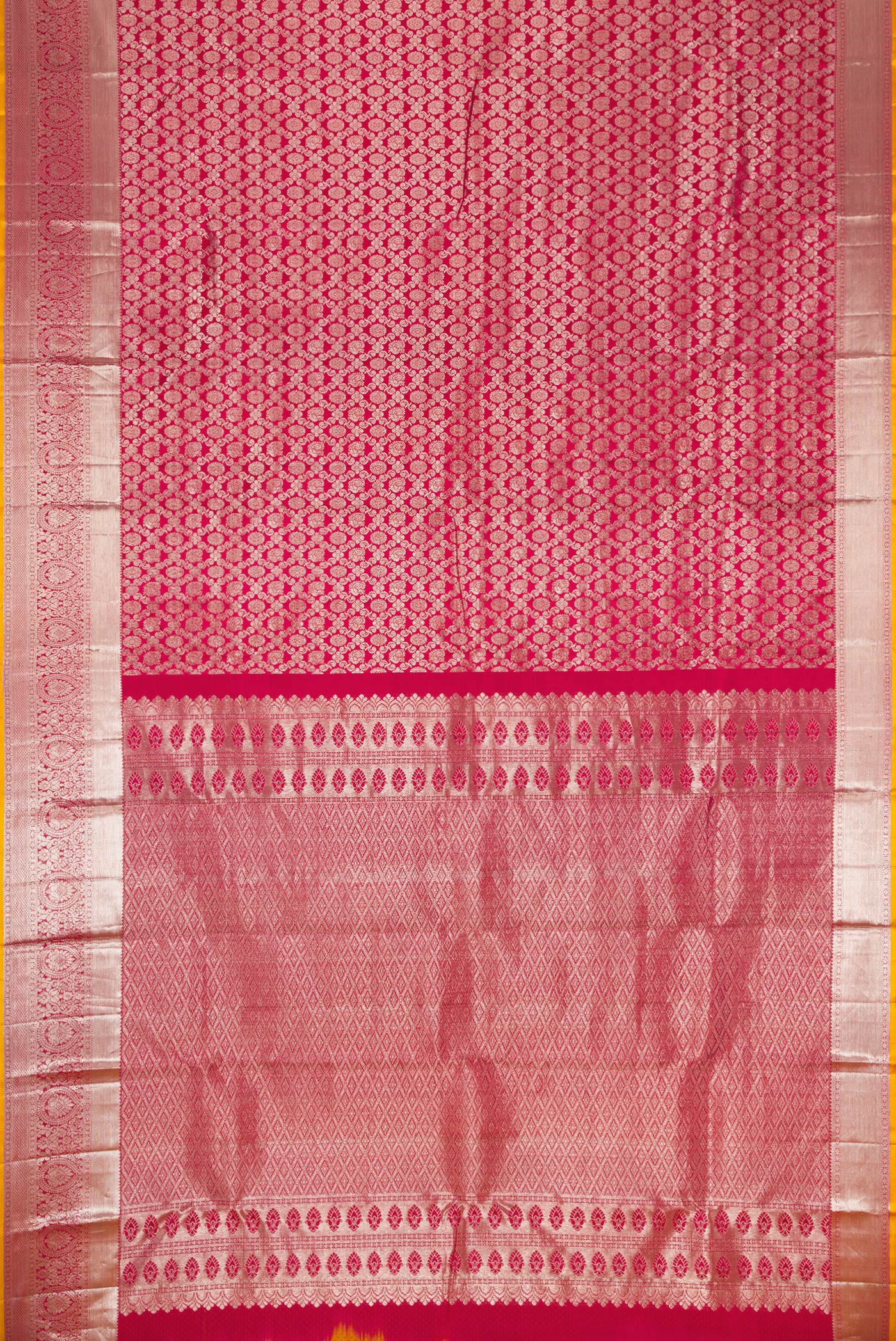 Flat view of Pink Dual Tone Kanjivaram Silk Saree with Zari Brocade on the body and Zari Border. 