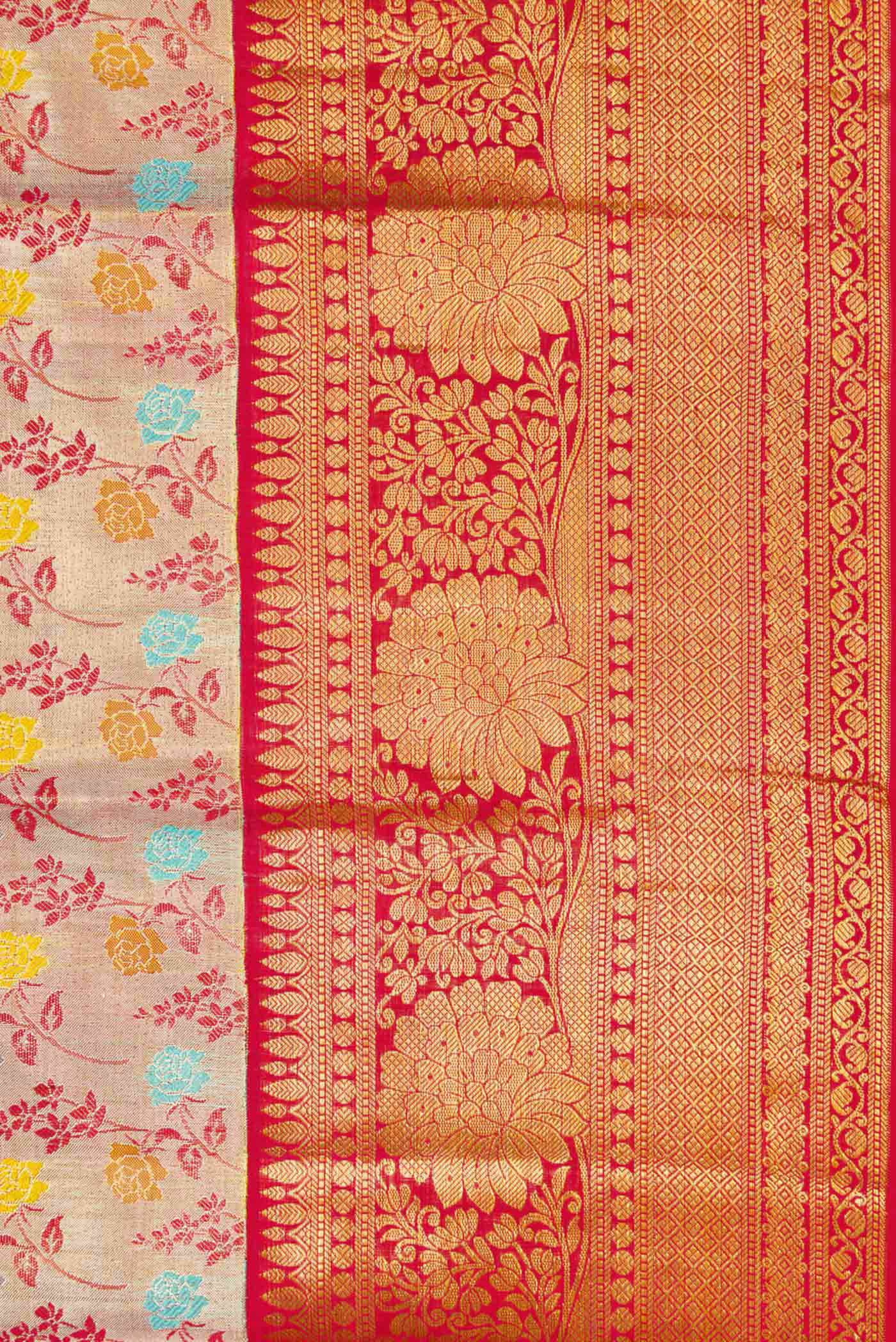 Border image of Gold Dual Tone Kanchipuram Tissue Silk Saree with Zari Brocade on the body and Zari Border. 