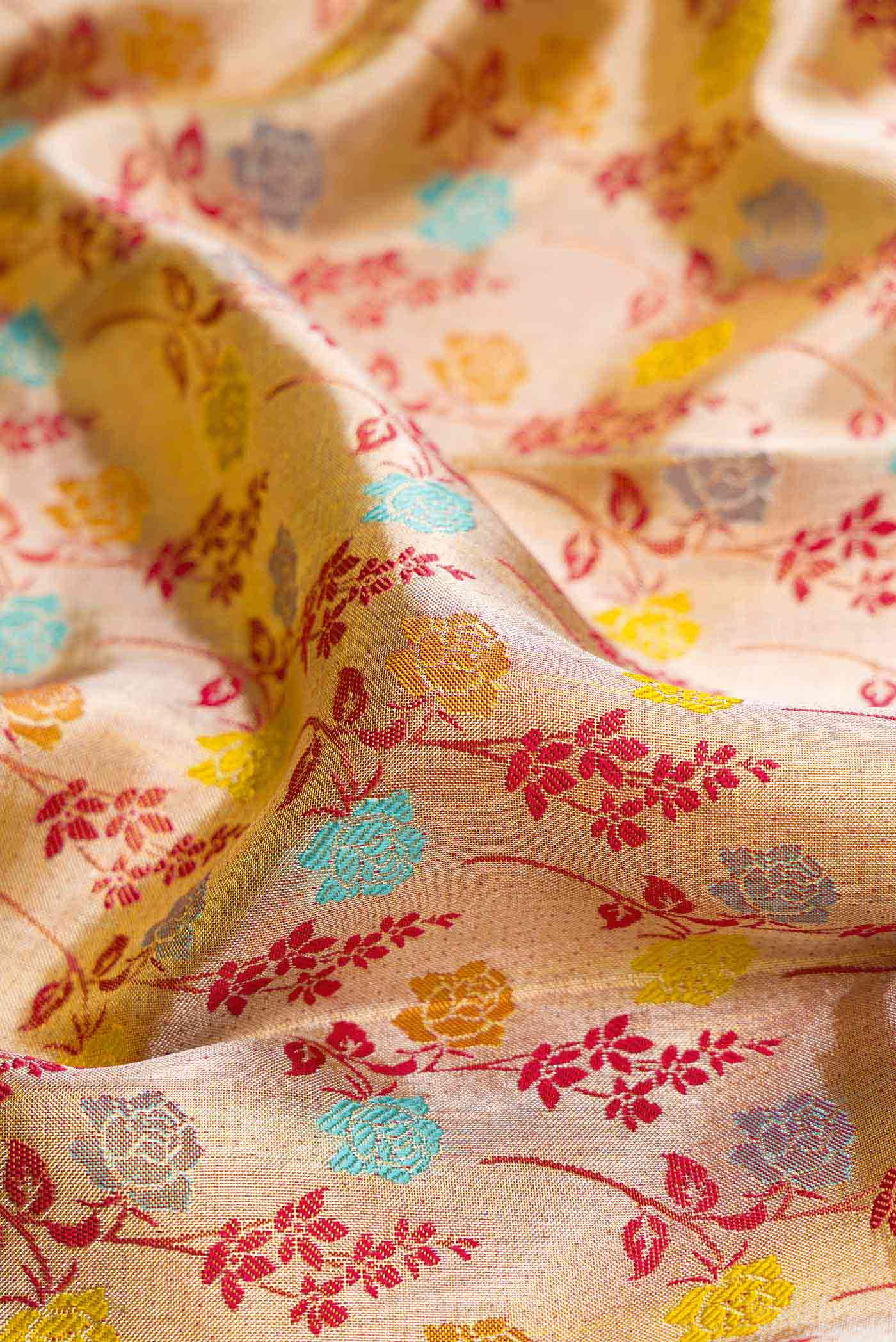 Close up of Gold Dual Tone Kanchipuram Tissue Silk Saree with Zari Brocade on the body and Zari Border.  displaying folds