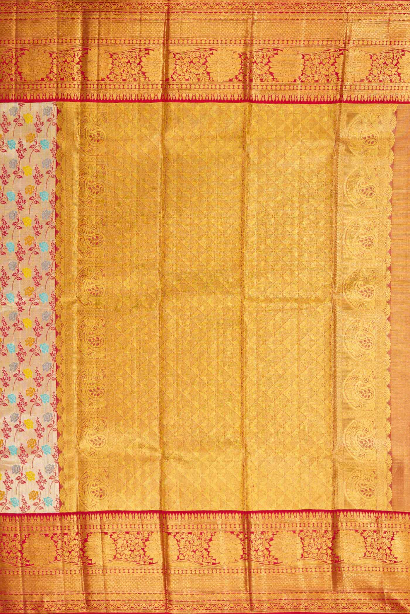 Close up image of the pallu of Gold Dual Tone Kanchipuram Tissue Silk Saree with Zari Brocade on the body and Zari Border. 