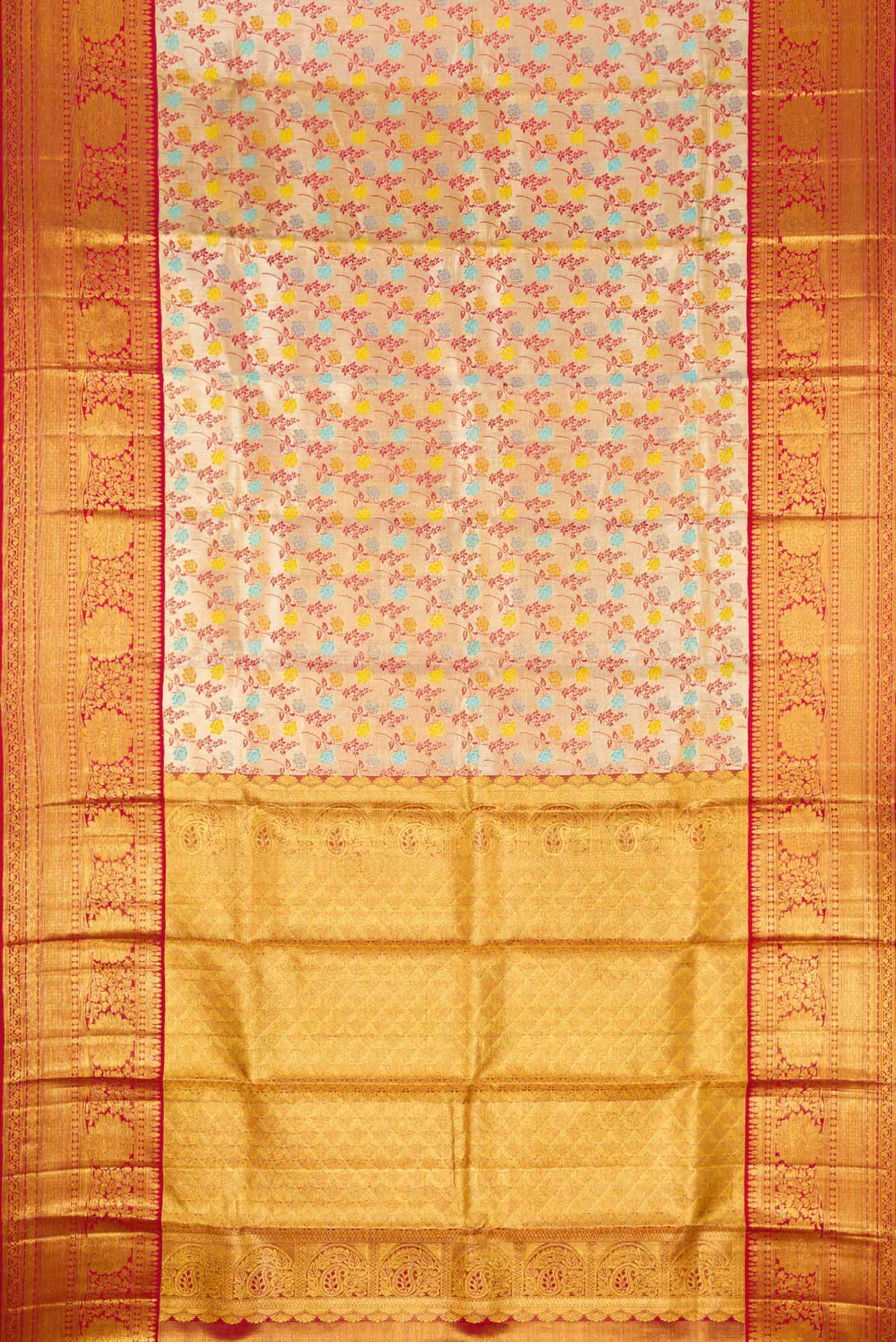 Flat view of Gold Dual Tone Kanchipuram Tissue Silk Saree with Zari Brocade on the body and Zari Border. 