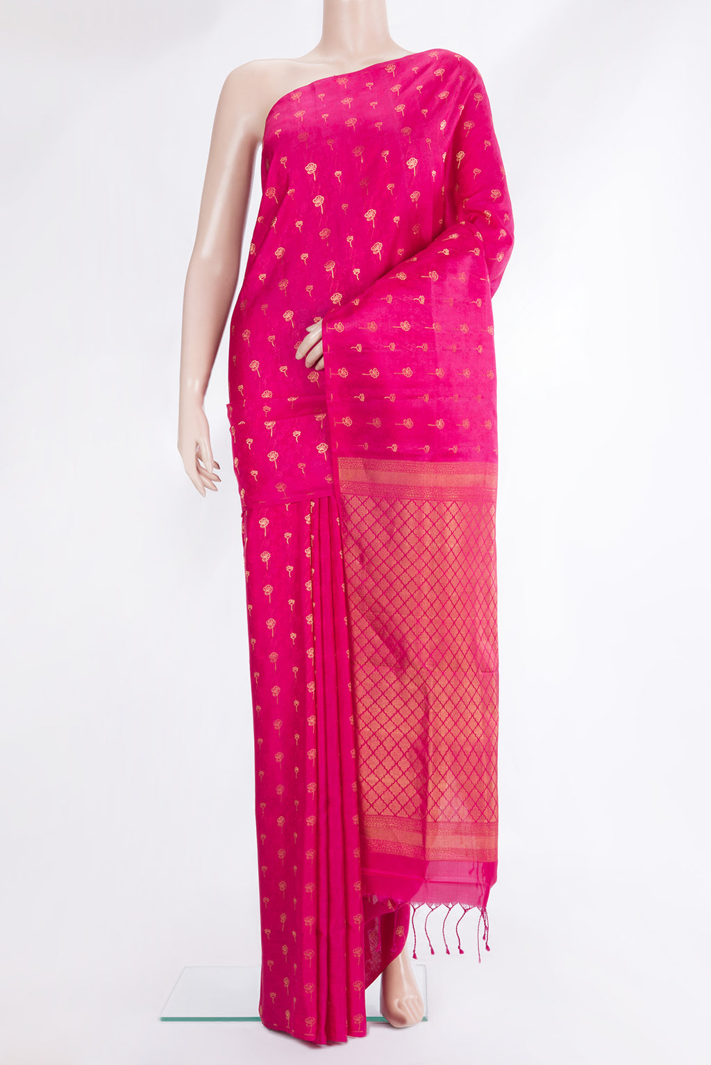 Pure Silk Pink Soft Saree with Jacquard With Zari Butta on the body and Without Border.  displayed on a mannequin