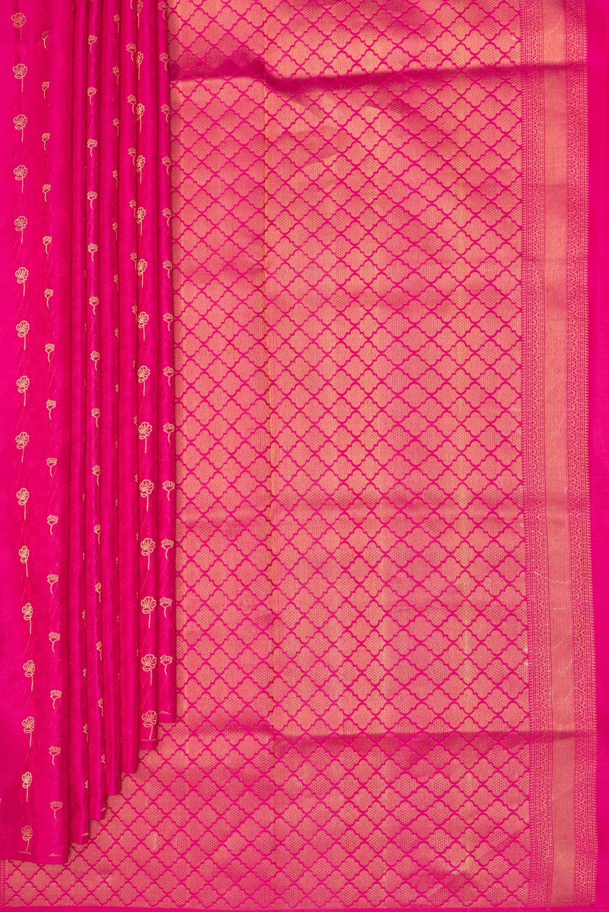 Pleats and pallu of Pure Silk Pink Soft Saree with Jacquard With Zari Butta on the body and Without Border. 