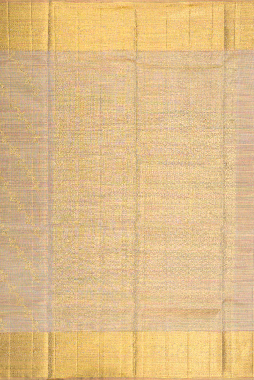 Close up image of the pallu of Rose Gold Dual Tone Kanchipuram Tissue Silk Saree with Zari Brocade on the body and Zari Border. 