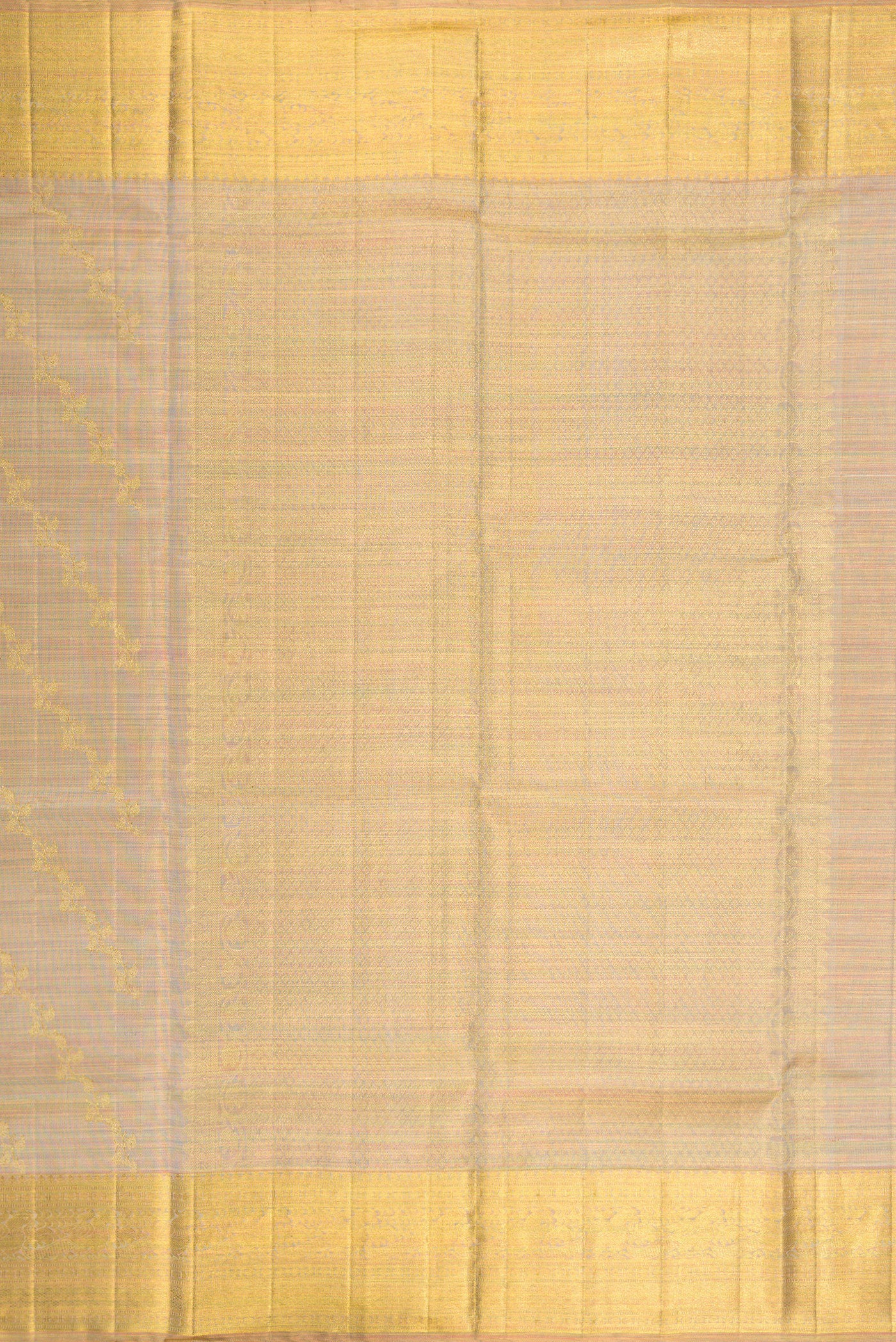 Close up image of the pallu of Rose Gold Dual Tone Kanchipuram Tissue Silk Saree with Zari Brocade on the body and Zari Border. 