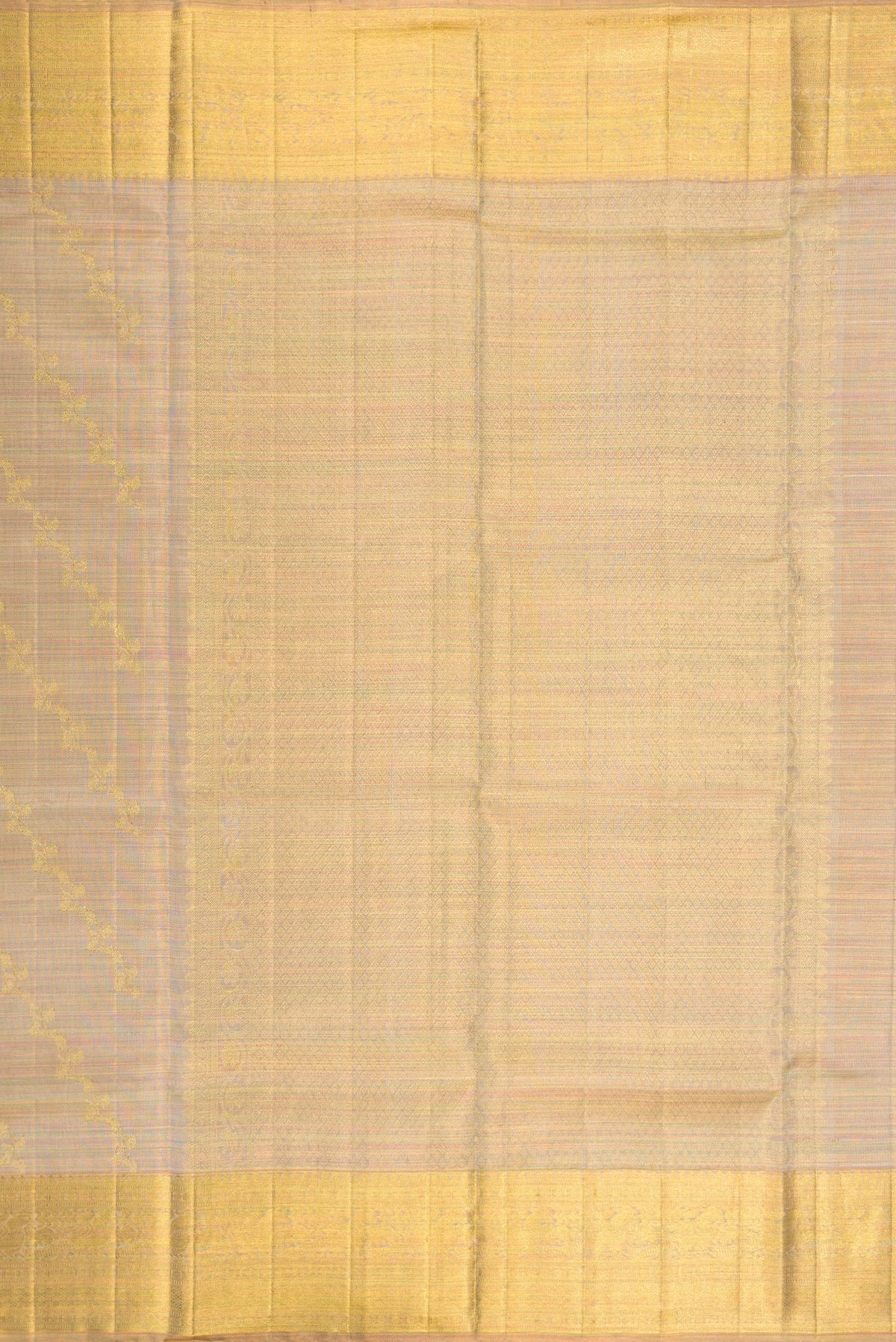 Close up image of the pallu of Rose Gold Dual Tone Kanchipuram Tissue Silk Saree with Zari Brocade on the body and Zari Border. 