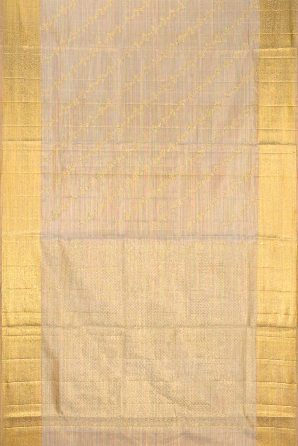 Flat view of Rose Gold Dual Tone Kanchipuram Tissue Silk Saree with Zari Brocade on the body and Zari Border. 