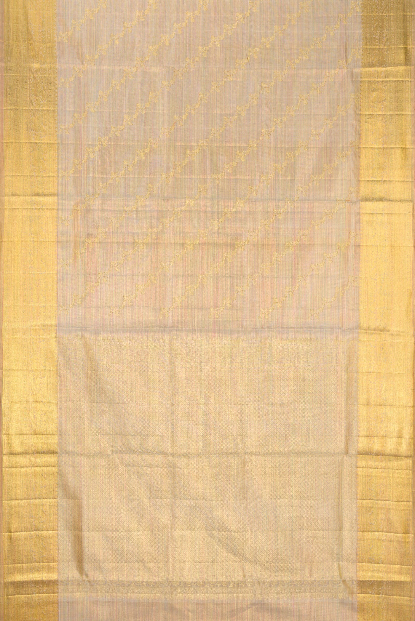 Flat view of Rose Gold Dual Tone Kanchipuram Tissue Silk Saree with Zari Brocade on the body and Zari Border. 