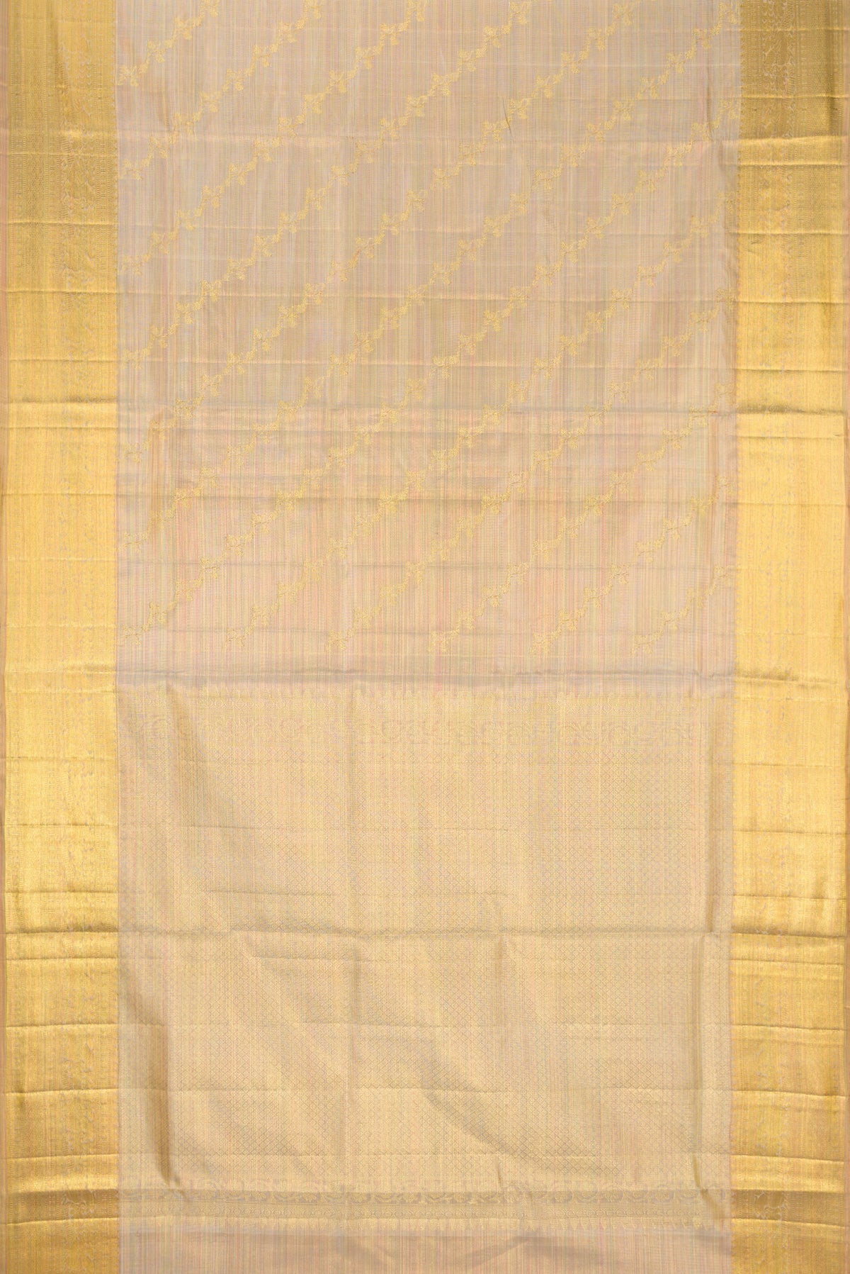 Flat view of Rose Gold Dual Tone Kanchipuram Tissue Silk Saree with Zari Brocade on the body and Zari Border. 