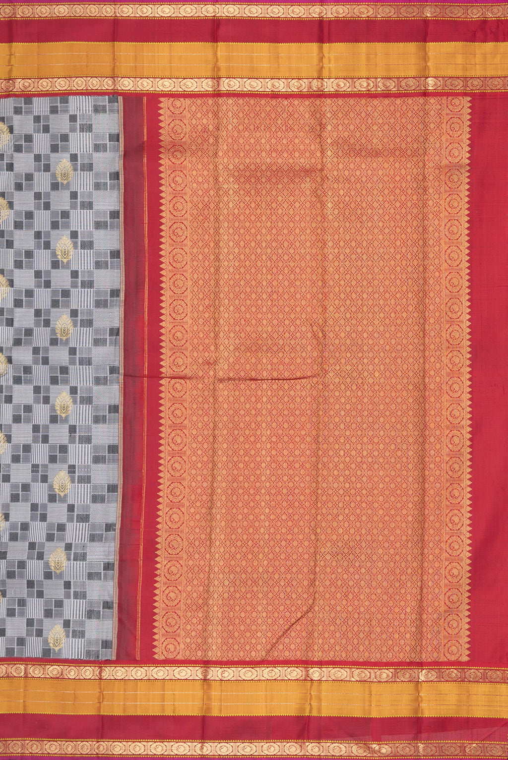 Close up image of the pallu of Pure Silk Grey Kanchipuram Saree with Jacquard With Zari Butta on the body and Zari Border. 