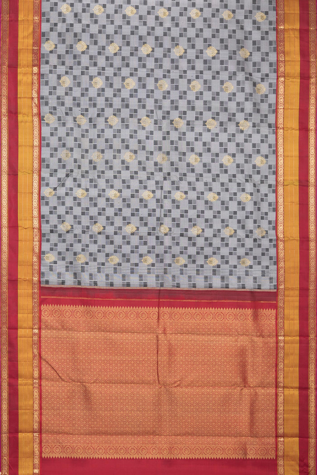 Flat view of Pure Silk Grey Kanchipuram Saree with Jacquard With Zari Butta on the body and Zari Border. 