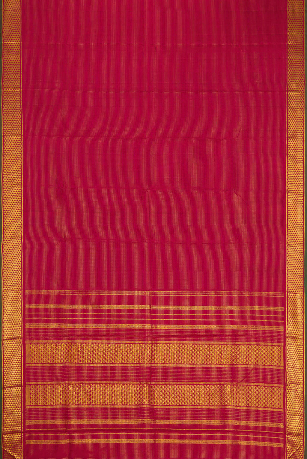 Flat view of Maroon Kanchipuram Silk Saree with Stripes on the body and Zari Border. 