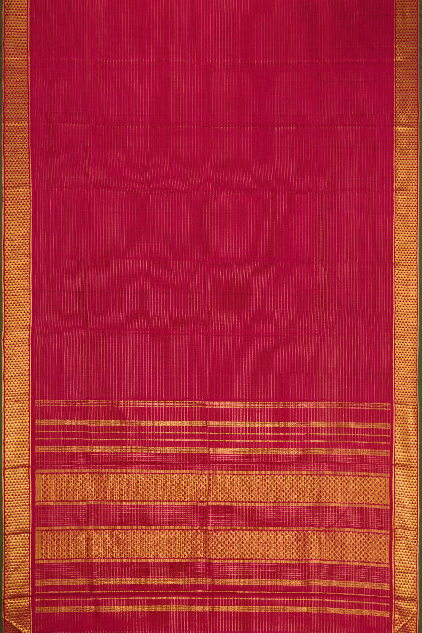 Flat view of Maroon Kanchipuram Silk Saree with Stripes on the body and Zari Border. 