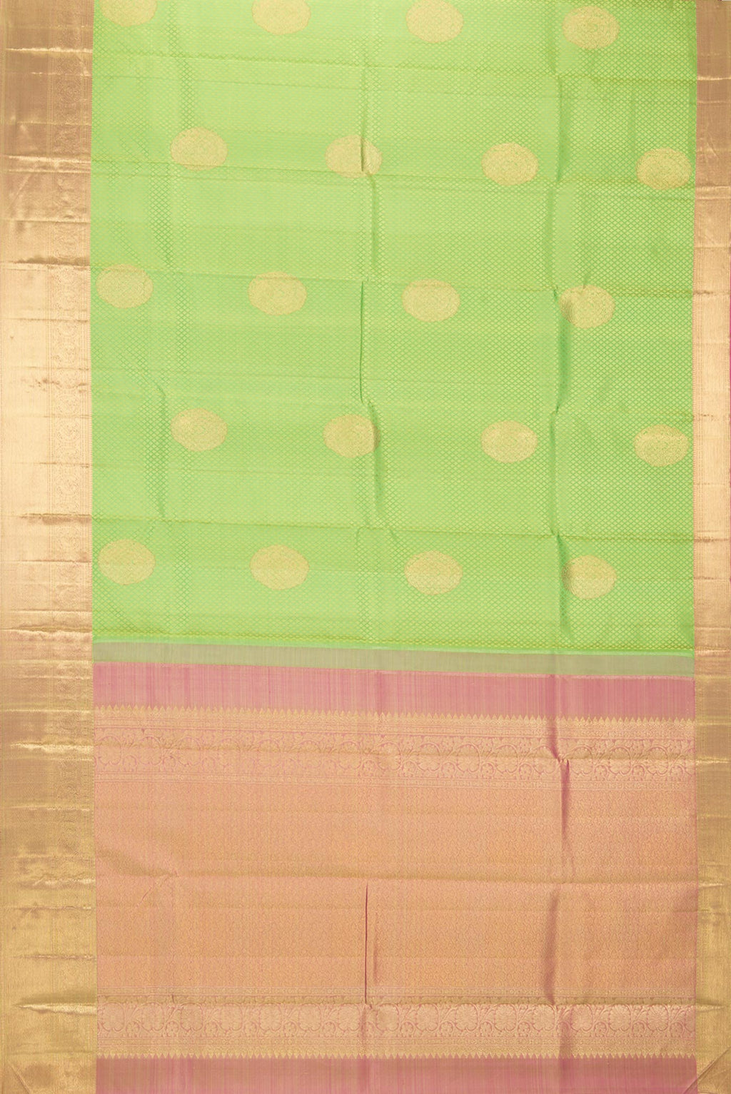 Flat view of Pure Silk Parrot Green Kanchipuram Saree with Jacquard With Zari Butta on the body and Zari Border. 