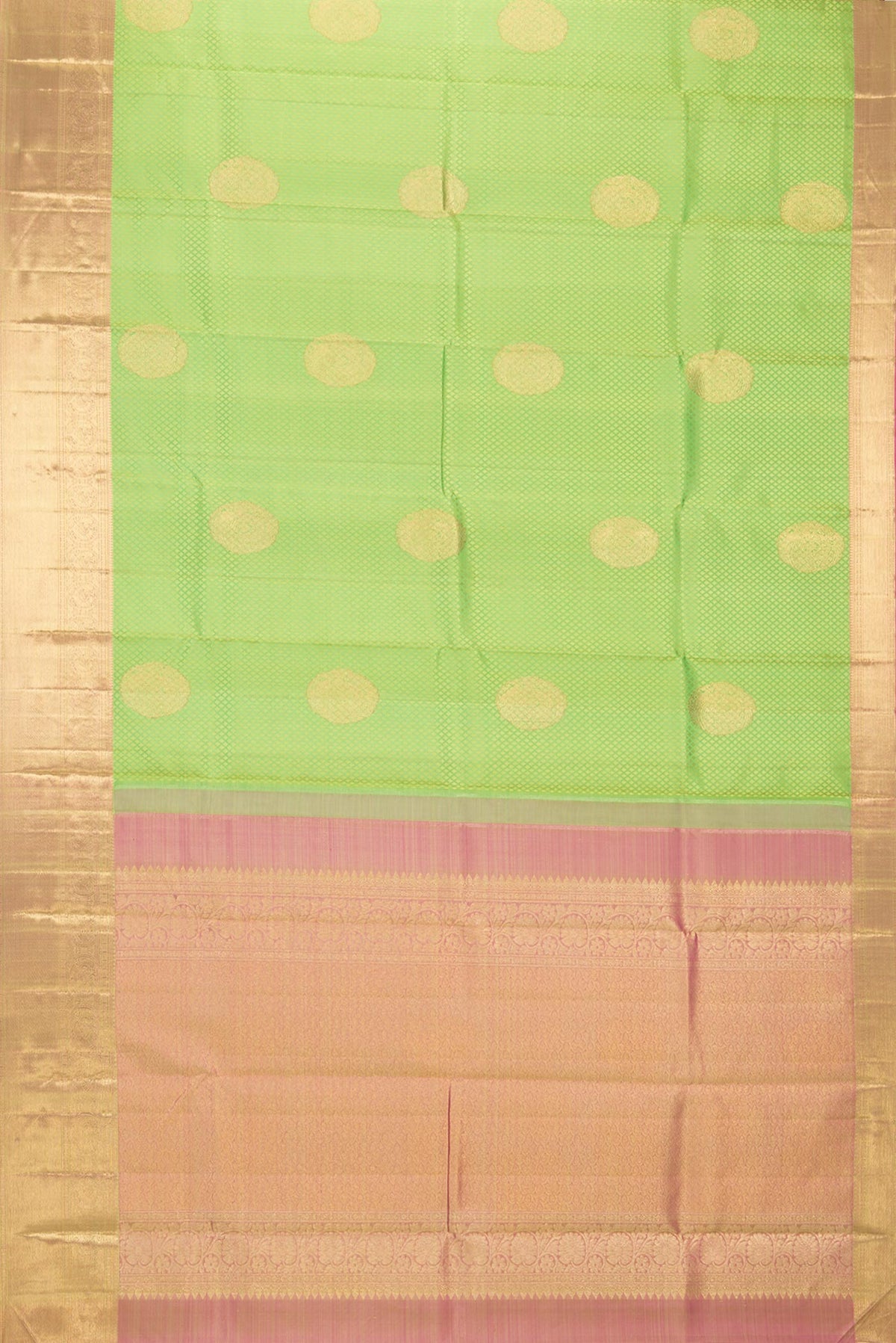 Flat view of Pure Silk Parrot Green Kanchipuram Saree with Jacquard With Zari Butta on the body and Zari Border. 