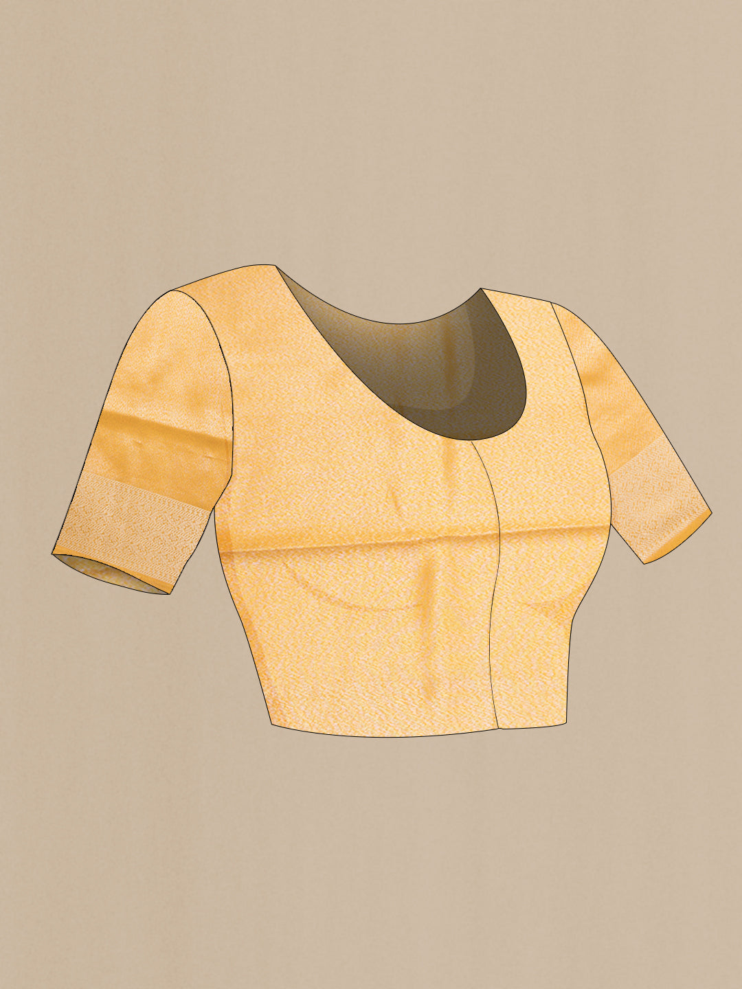 Close up image of the blouse of Mustard Dual Tone Tussar Silk Saree with Zari Brocade on the body and Zari Border. 