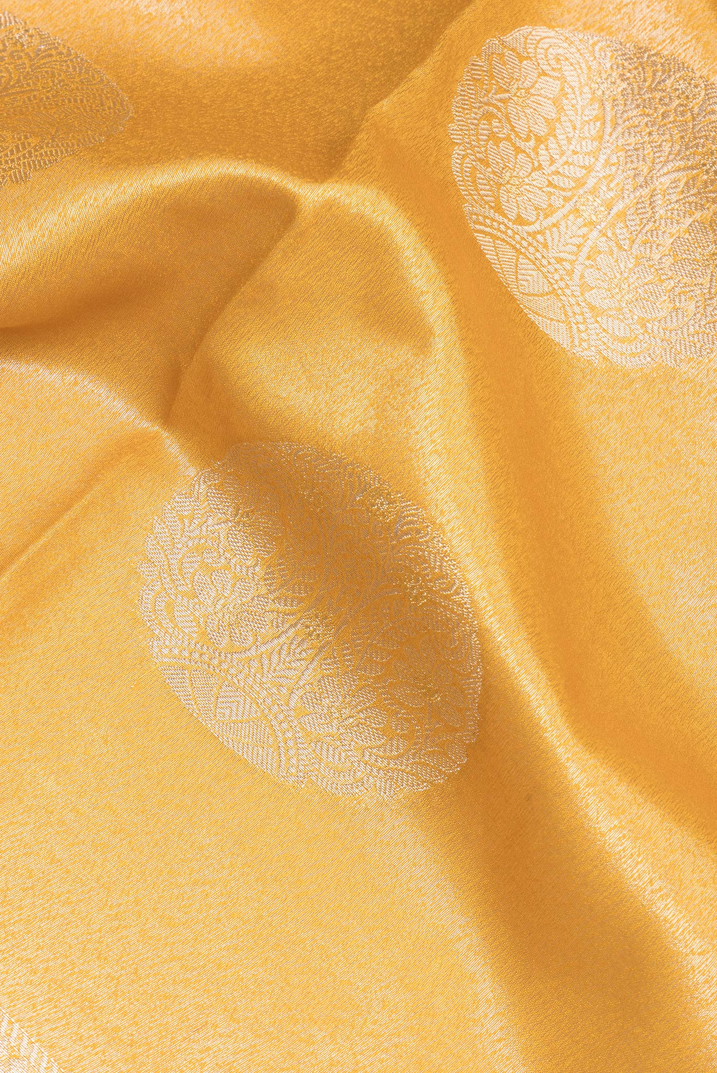 Close up of Mustard Dual Tone Tussar Silk Saree with Zari Brocade on the body and Zari Border.  displaying folds