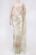 Green Dual Tone Organza Silk Saree with Printed design on the body and Zari Border displayed on a mannequin