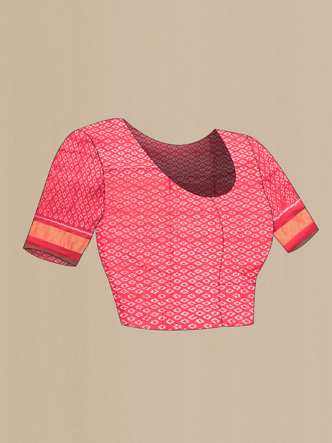 Close up image of the blouse of Red Dual Tone Double Ikat Saree with Ikat Print on the body and Ikat Border. 