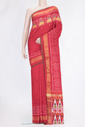 Red Dual Tone Double Ikat Saree with Ikat Print on the body and Ikat Border.  displayed on a mannequin