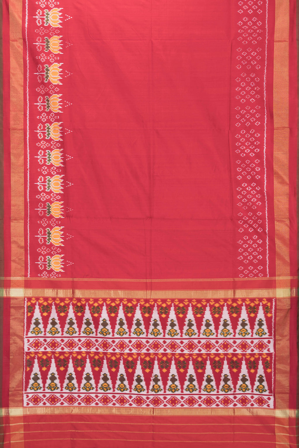 Flat view of Red Dual Tone Double Ikat Saree with Ikat Print on the body and Ikat Border. 