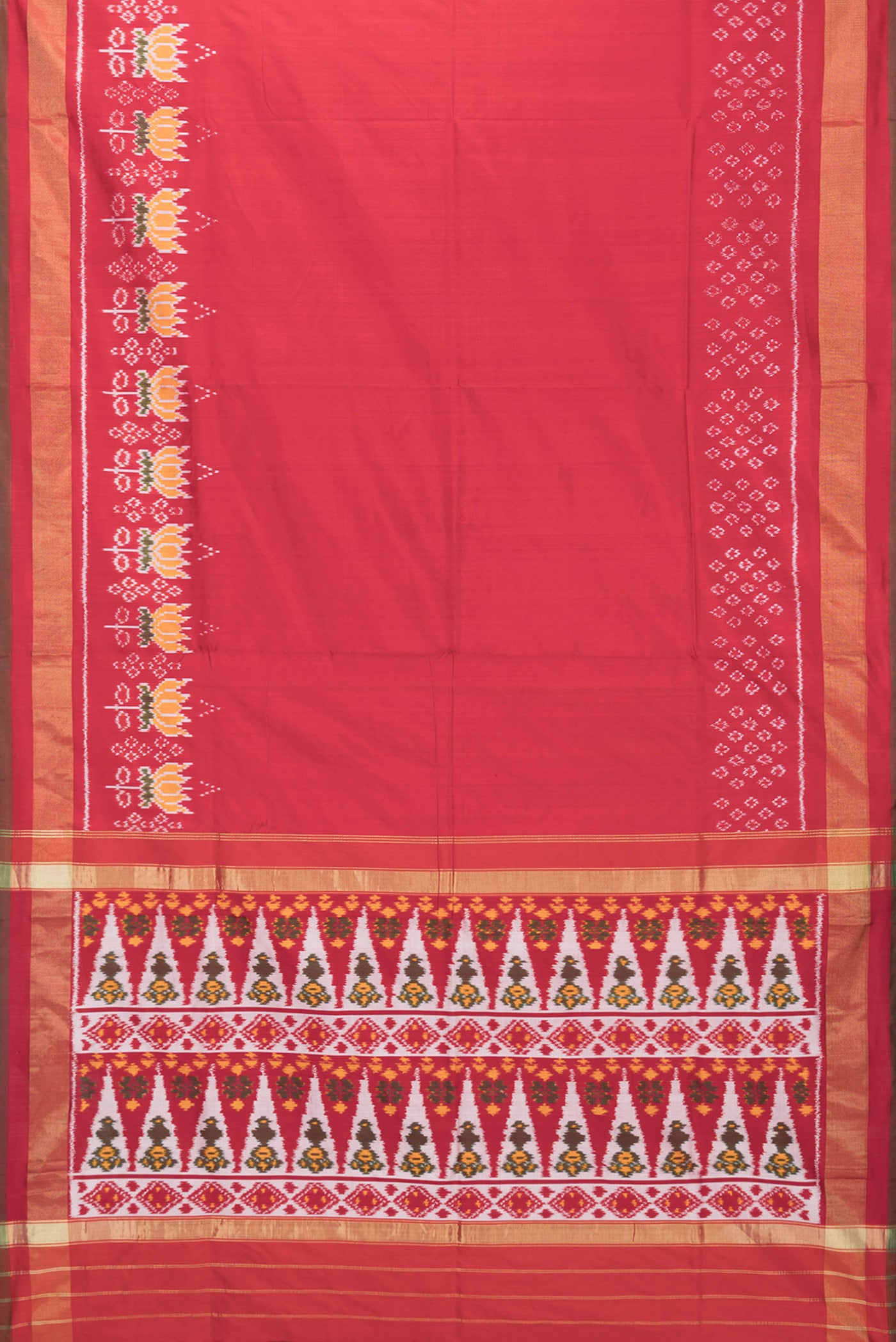 Flat view of Red Dual Tone Double Ikat Saree with Ikat Print on the body and Ikat Border. 