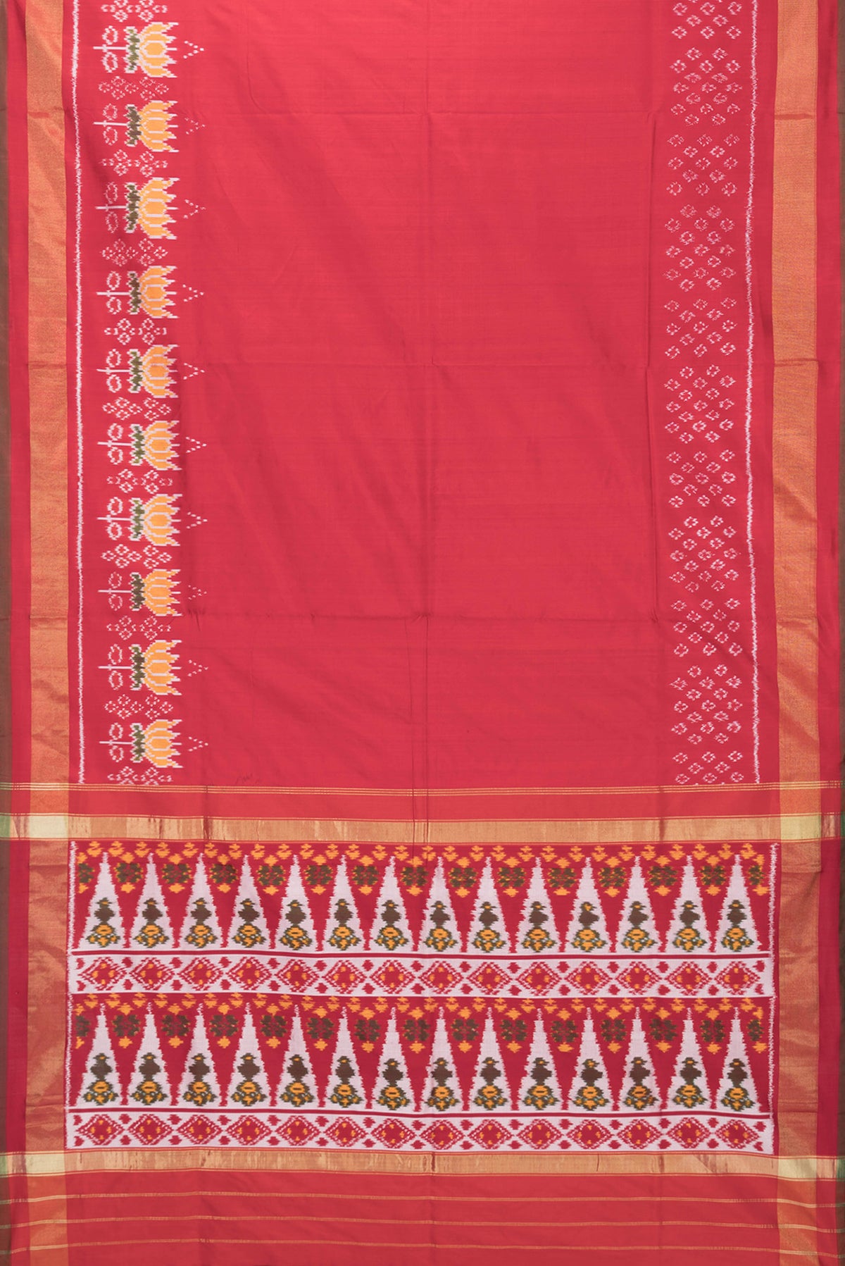 Flat view of Red Dual Tone Double Ikat Saree with Ikat Print on the body and Ikat Border. 